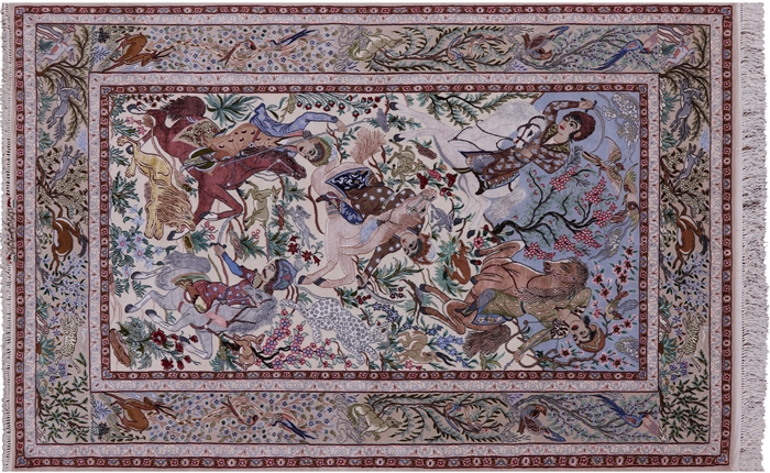 Hunting Scene Signed Persian Isfahan Wool & Silk Rug