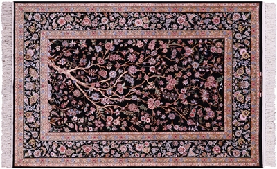 Black Persian Isfahan Tree of Life Hand Knotted Wool & Silk Rug