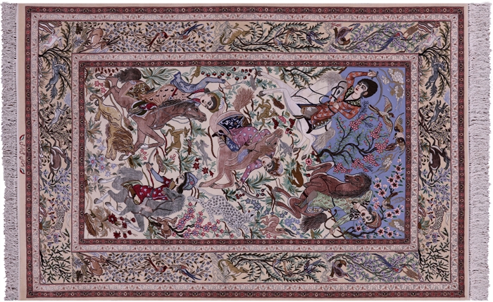 Hand Knotted Wool & Silk Signed Persian Isfahan Hunting Scene Rug