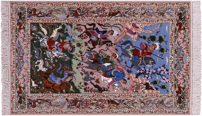 Signed Persian Isfahan Hunting Scene Wool & Silk Area Rug