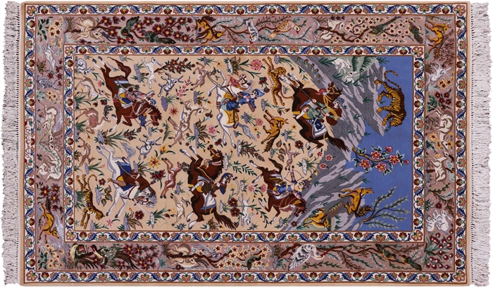 Hunting Scene Persian Isfahan Wool & Silk Signed Rug