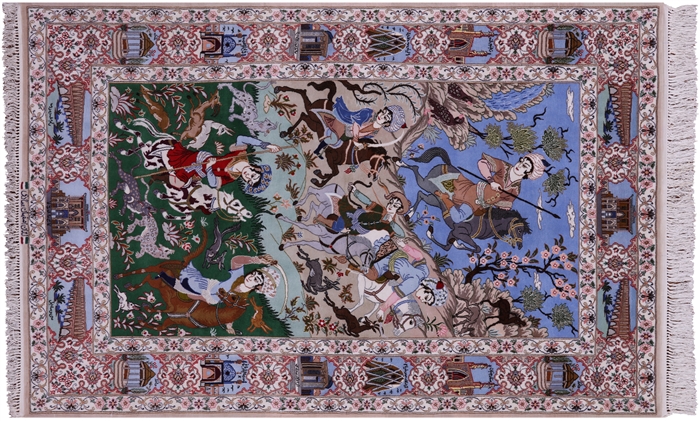 Signed Persian Isfahan Hunting Scene Wool & Silk Area Rug