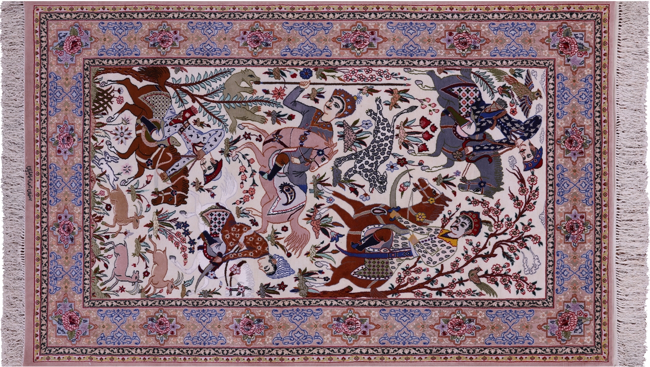 Hunting Scene Handmade Wool & Silk Signed Persian Isfahan Rug 4' 2 X 6' 9  - SA2728