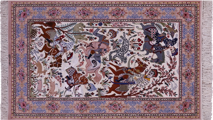 Hunting Scene Handmade Wool & Silk Signed Persian Isfahan Rug