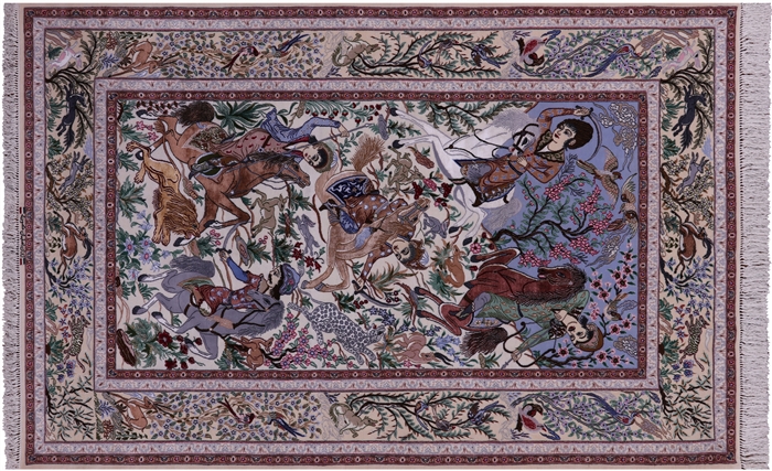 Signed Wool & Silk Persian Isfahan Hunting Scene Rug