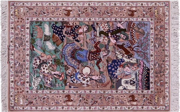 Pictorial Scene Hand Knotted Wool & Silk Signed Persian Isfahan Rug