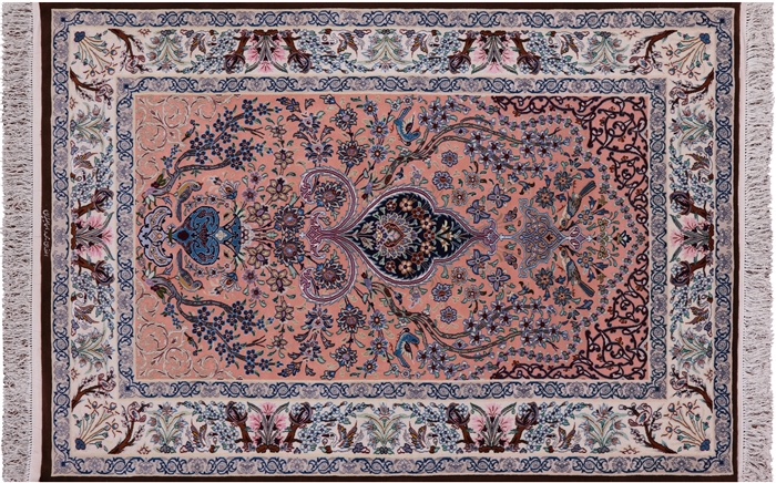 Signed Persian Isfahan Handmade Wool & Silk Area Rug