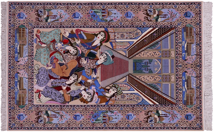 Pictorial Scene Persian Isfahan Wool & Silk Area Rug