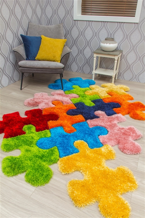 Multicolour 3D Shaggy Rug - Doodle Jigsaw