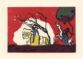 Wassily Kandinsky "Zwei Reiter vor Rot" original color woodcut