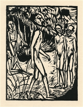 Erich Heckel "Manner am Strand" original woodcut