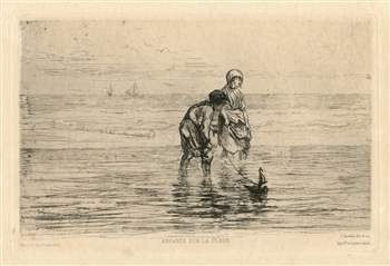 Jozef Israels "Enfants sur la plage" original etching