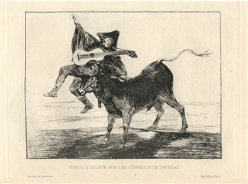 Francisco Goya original etching Aveugle EnlevÃ© sur les Cornes d'un Taureau