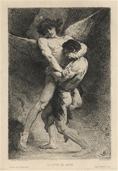 Leon Bonnat original etching lutte de Jacob, Salon 1876