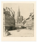 Herman Armour Webster original etching "La place de l'hopital a Strasbourg"