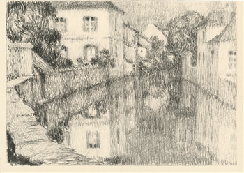 Henri Le Sidaner original lithograph "Maisons sur la riviere"
