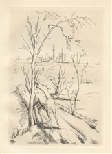 Felix Meseck Landschaft mit Ziegen original etching
