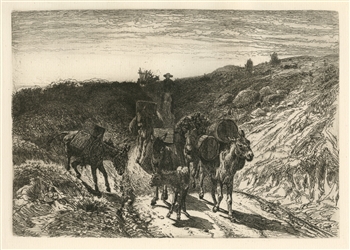 Peter Moran original etching Burro Train New Mexico