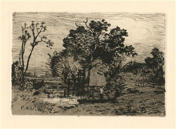 Charles Henry Miller original etching Old Mill at Valley Stream