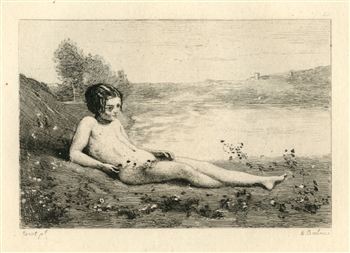 Jean-Baptiste Corot etching Jeune baigneuse couchee sur l'herbe