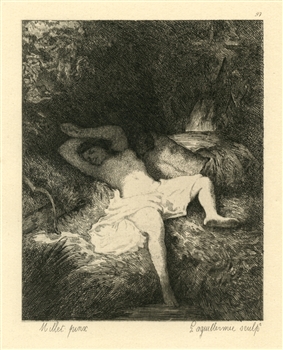 Jean-Francois Millet etching Femme couchee