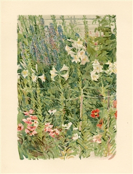 Childe Hassam chromolithograph "Larkspurs and Lilies"