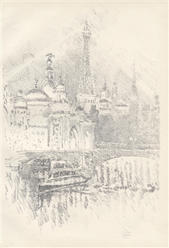 Joseph Pennell original lithograph, Early Evening Effect, Paris Exhibition