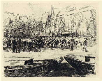 Max Liebermann original etching "Rindermarkt in Leiden Holland"