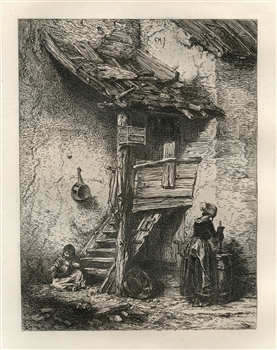 Charles Emile Jacque "A Rustic Stair" original etching