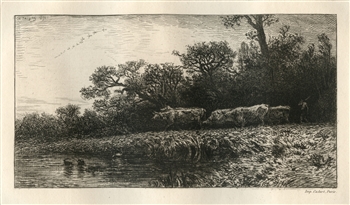 Charles Emile Jacque Paysage, Soir original etching