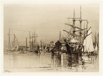 Stephen Parrish original etching Inner Harbor Gloucester