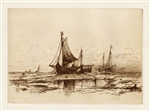 Mauritz Frederik Hendrik De Haas original etching "Fishing Boats on the Beach at Scheveningen"