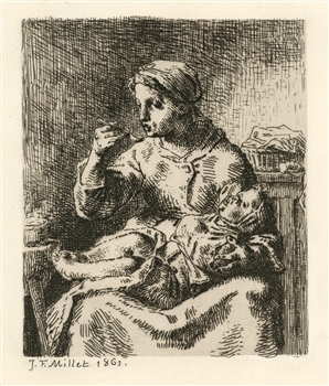 Jean-Francois Millet original etching La Bouillie