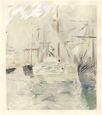 Berthe Morisot pochoir Bateau blanc dans le port de Nice
