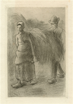 Camille Pissarro "Paysans portant du foin" original etching