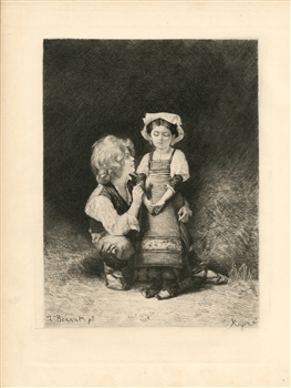Leon Bonnat etching "Brother and Sister" Paul Rajon