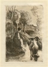 Camille Pissarro "Vachere au Bord de l'Eau" original etching & drypoint