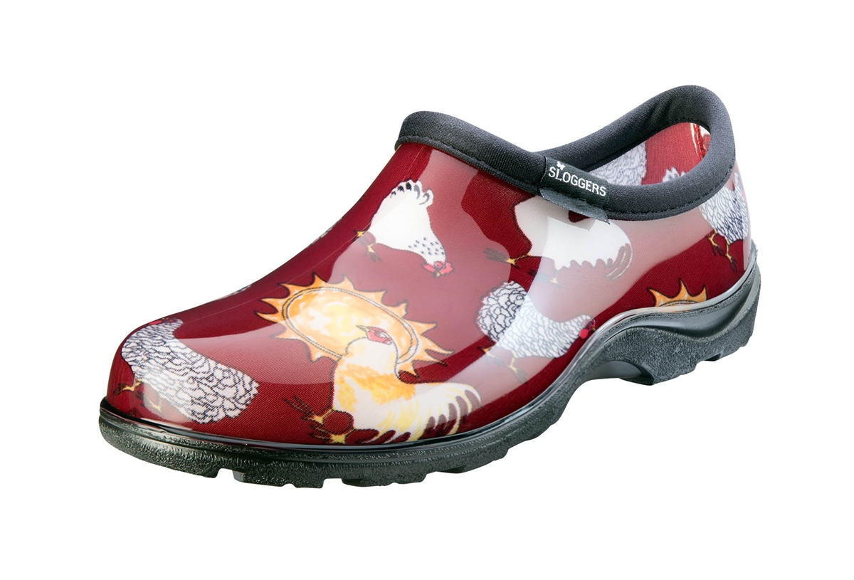 Sloggers Made in the USA Rain & Garden Shoe for women in Red Barn Chicken  Print