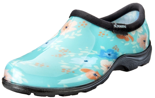 Sloggers Waterproof comfort shoes, Made in the USA! Women's Rain & Garden shoes. Floral Fun Turquoise Print.