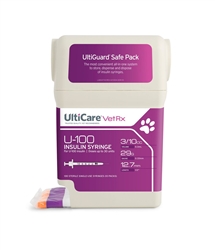 UltiCare VetRx Insulin Syringe U-100 3/10 cc, 29 ga. x 1/2", UltiGuard Dispenser, Sharps Container, 100 Syringes