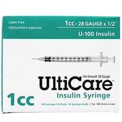 UltiCare Insulin Syringe U-100 1 cc, 28 ga. x 1/2", 100/Box