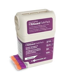 UltiCare UltiGuard Insulin Syringe U-100 3/10 cc, 30 ga. x 1/2", Syringe Dispenser and Sharps Container, Box of 100