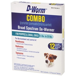 D-Worm COMBO Broad Spectrum De-Wormer For Puppies & Small Dogs 6-25 lbs, 12 Chewable Tablets