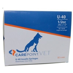 CarePoint VET U-40 Insulin Syringe 1/2cc, 29G x 1/2", 100/Box