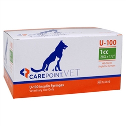 CarePoint VET U-100 Insulin Syringe 1cc, 28G x 1/2",, 100/Box