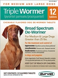 Triple Wormer Medium and Large Dogs Over 25 lbs 12  Flavored Chewable Tablets