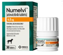 Merck NUMELVI (atinvicitinib tablets) 4.8mg, 6 Bottles x 30 Tablets, used to control pruritus associated with allergic dermatitis in dogs 6 months of age and older.