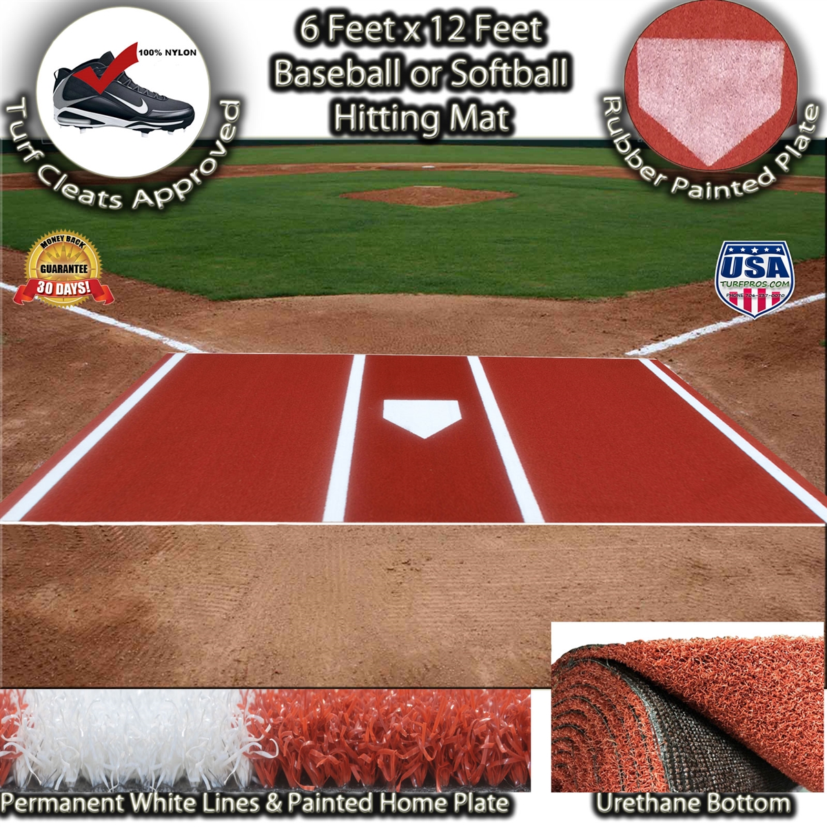 6 x 12 Clay Urethane Baseball or Softball Hitting Mat With Painted Plate