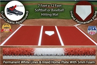 7 Feet x 12 Feet  Clay Synthetic Turf Hitting Mat or Artificial Grass Batting Cage Mat For Softball and Baseball Practice with Tufted White Turf Batters Box Lines and Inlaid Home Plate.