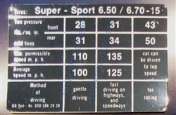 300SL GLOVEBOX DECAL FOR TIRE PRESSURE - "TIRES SUPER - SPORT 6.50 / 6.70 - 15 "